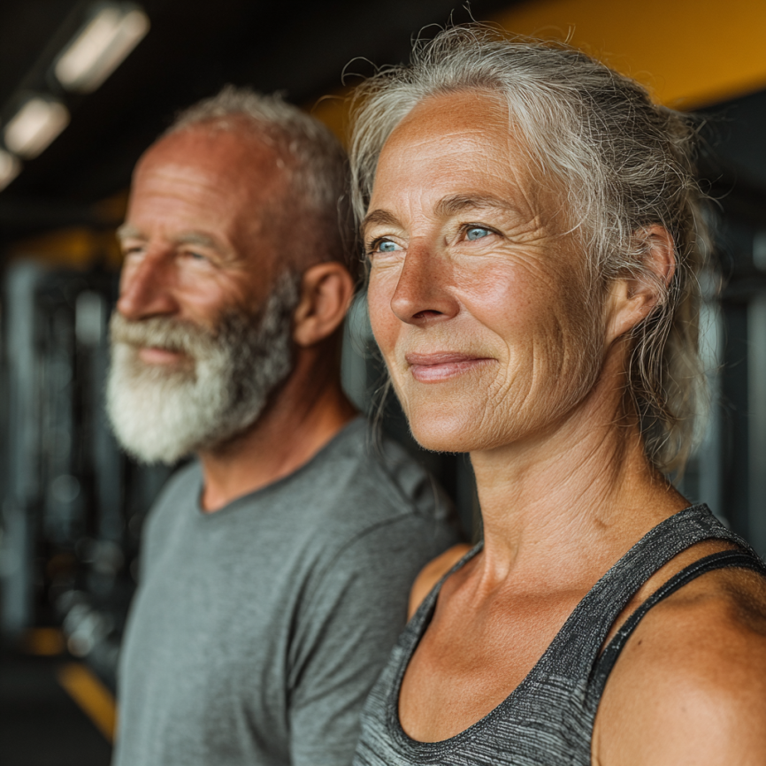 Група літніх людей займається йогою на свіжому повітрі